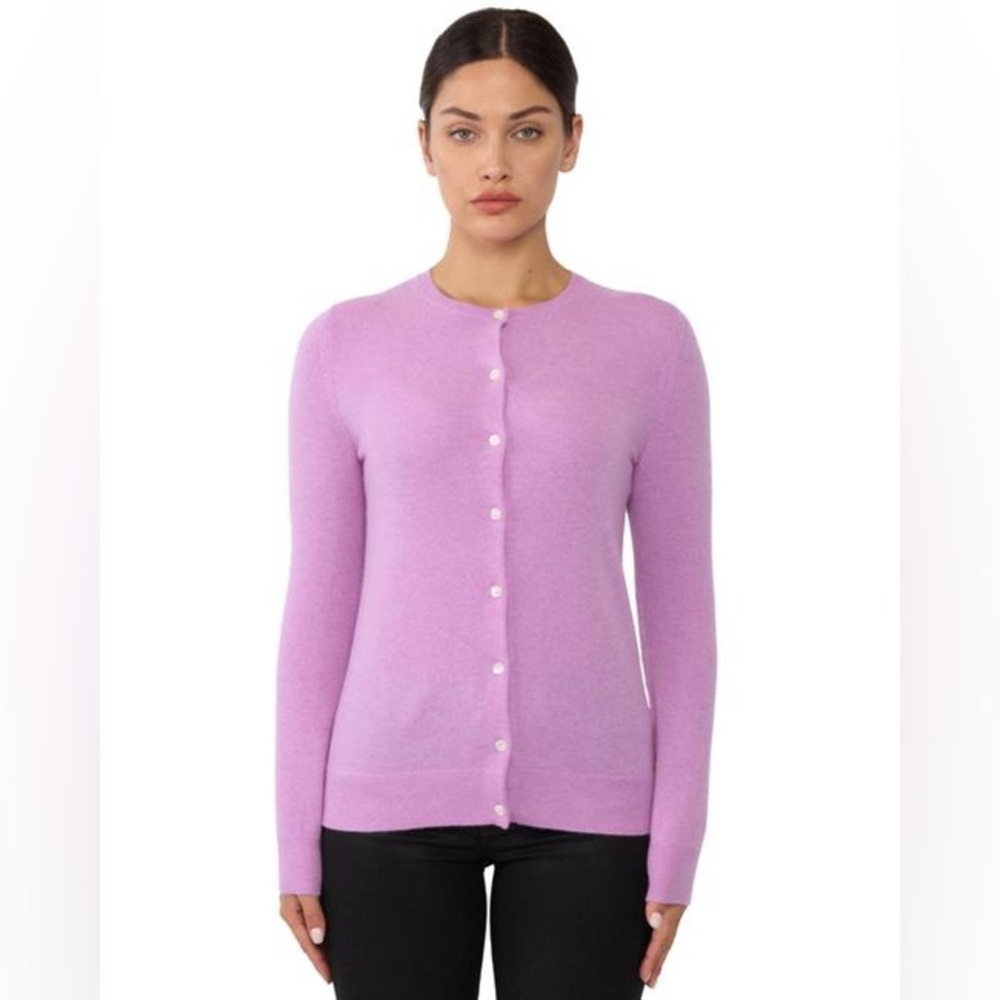 Classic Crewneck Button-Front Cardigan in Lavender